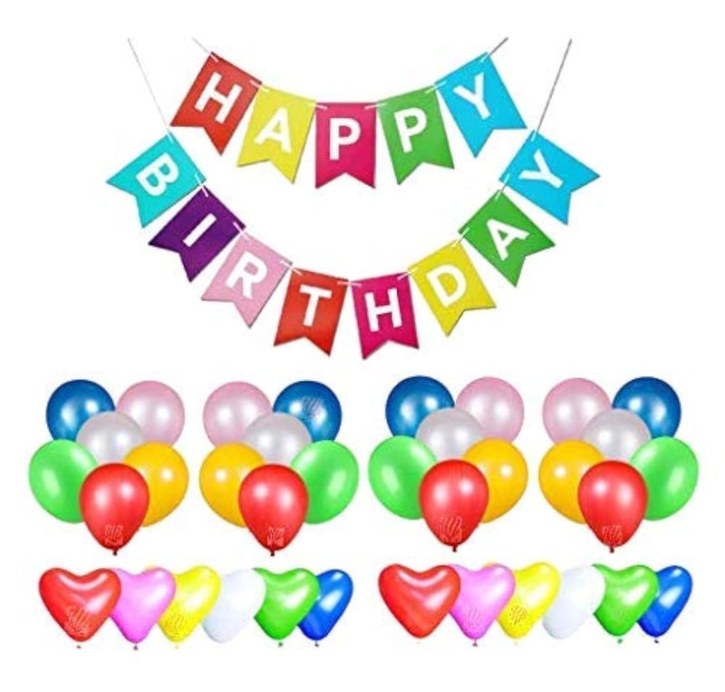 hk balloons® rainbow happy birthday banner with 25 pcs metallic & 25 Multi color heart shaped latex balloons for birthday decorations ( pack of 51) - Image 1