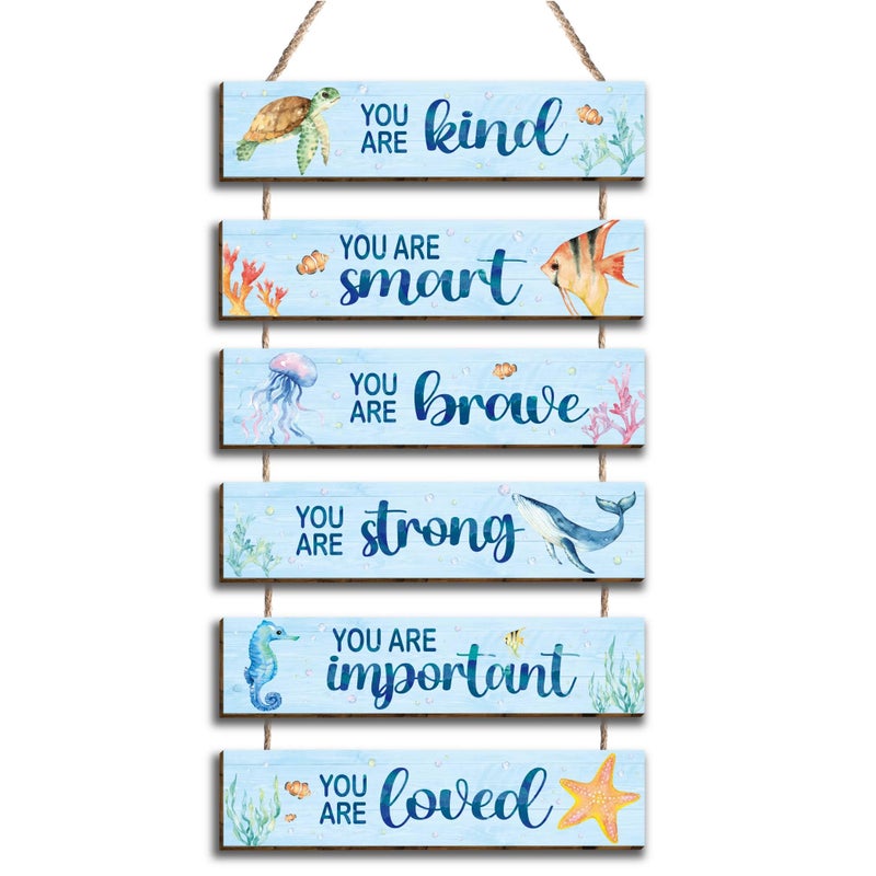 Kadiak 6 Pcs Ocean Decor Kids Room Placards of Wood Decor, Watercolor Ocean Inspirational Positive Quotes Works of art of Wood Wall Art Hanging Sign for Teens Children Bedroom Princess Toddler Room - Image 1