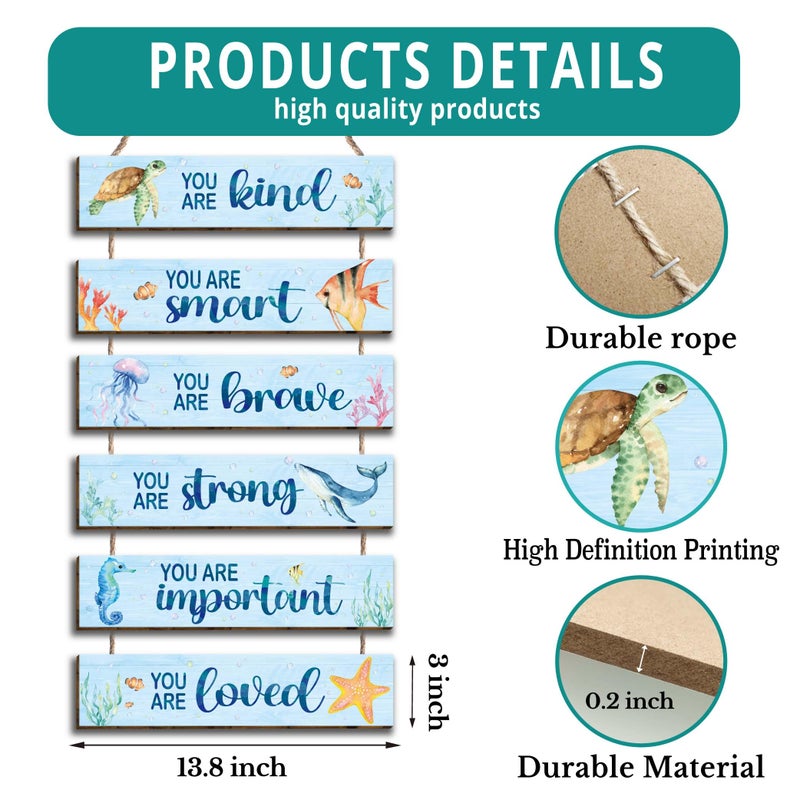 Kadiak 6 Pcs Ocean Decor Kids Room Placards of Wood Decor, Watercolor Ocean Inspirational Positive Quotes Works of art of Wood Wall Art Hanging Sign for Teens Children Bedroom Princess Toddler Room - Image 2