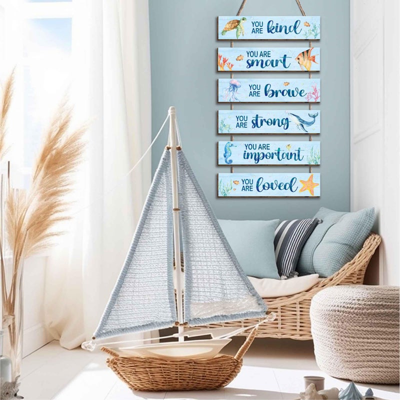 Kadiak 6 Pcs Ocean Decor Kids Room Placards of Wood Decor, Watercolor Ocean Inspirational Positive Quotes Works of art of Wood Wall Art Hanging Sign for Teens Children Bedroom Princess Toddler Room - Image 4