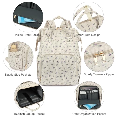 Yusudan College Laptop Backpack, Travel Backpack for Women, Corduroy Casual Daypack, School Backpack Bookbag for Girls (Beige Corduroy Floral Purple) - Image 3