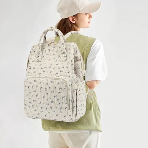 Yusudan College Laptop Backpack, Travel Backpack for Women, Corduroy Casual Daypack, School Backpack Bookbag for Girls (Beige Corduroy Floral Purple) - Image 2