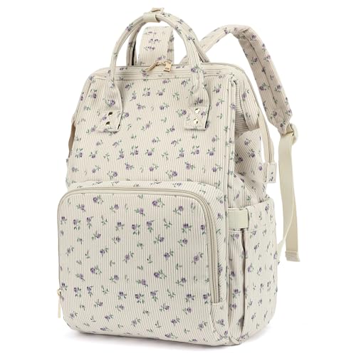 Yusudan College Laptop Backpack, Travel Backpack for Women, Corduroy Casual Daypack, School Backpack Bookbag for Girls (Beige Corduroy Floral Purple) - Image 1