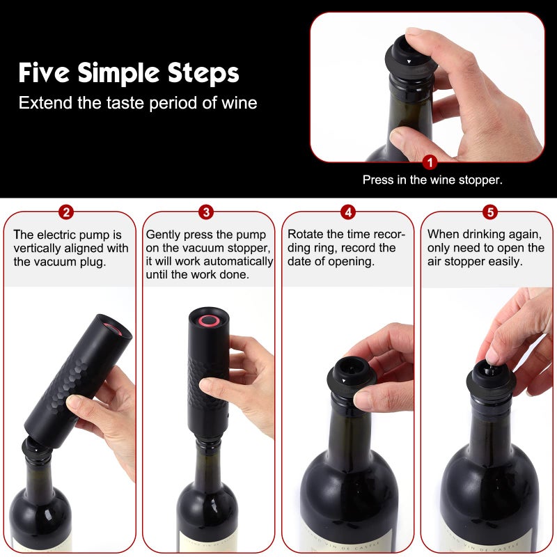 WINIRINA Winirina Automatic Wine Saver Pump Set for Red Wine with 4 Reusable Vacuum Bottle Sealer Stoppers USB Type-C Charging - Black  - Image 2