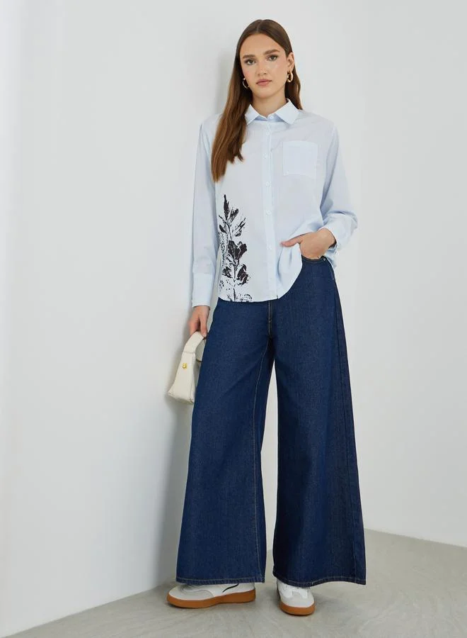 تايك تو قميص واسع بأكمام طويلة وطبعة زهور