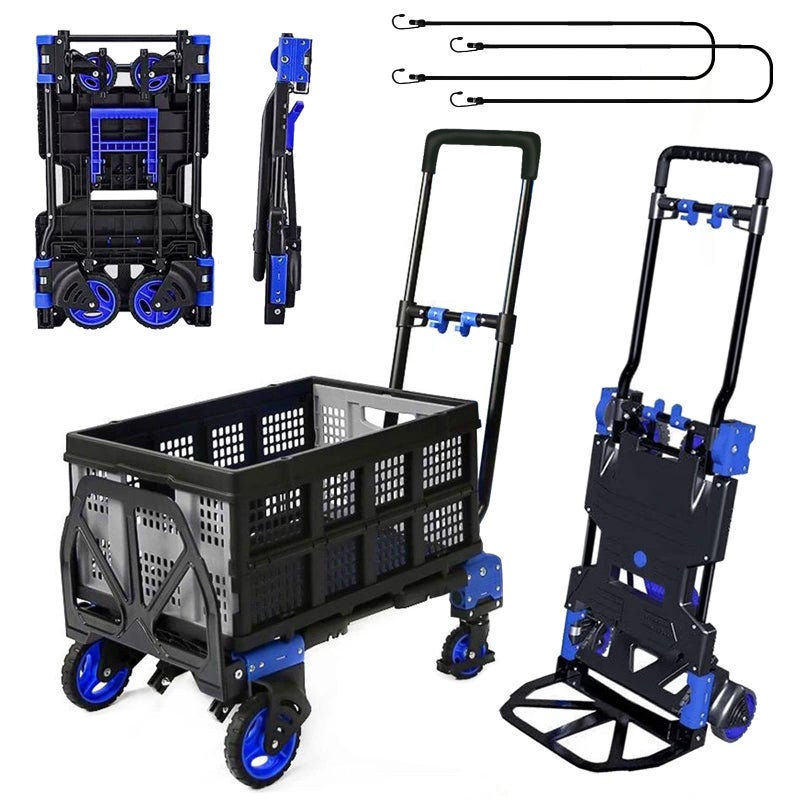 Chinco Star Folding Hand Truck Dolly with Folding Basket 330LBS Capacity Carts with Wheels 2 in 1 Platform Truck Push Cart Dolly with 4 Wheels and Retractable Handle 