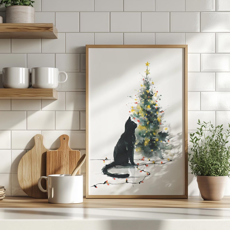 TNESSENTIAL Black Cat Christmas Tree Wall Art Poster or Canvas Print, Watercolor Cat Holiday Decor, Festive Winter Pet Minimalist Poster, Kids Xmas Gift - Image 1