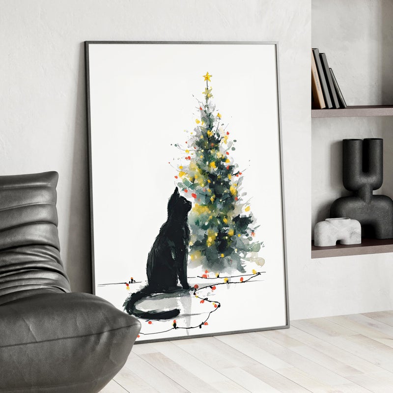 TNESSENTIAL Black Cat Christmas Tree Wall Art Poster or Canvas Print, Watercolor Cat Holiday Decor, Festive Winter Pet Minimalist Poster, Kids Xmas Gift - Image 3
