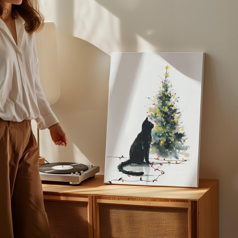 TNESSENTIAL Black Cat Christmas Tree Wall Art Poster or Canvas Print, Watercolor Cat Holiday Decor, Festive Winter Pet Minimalist Poster, Kids Xmas Gift - Image 5
