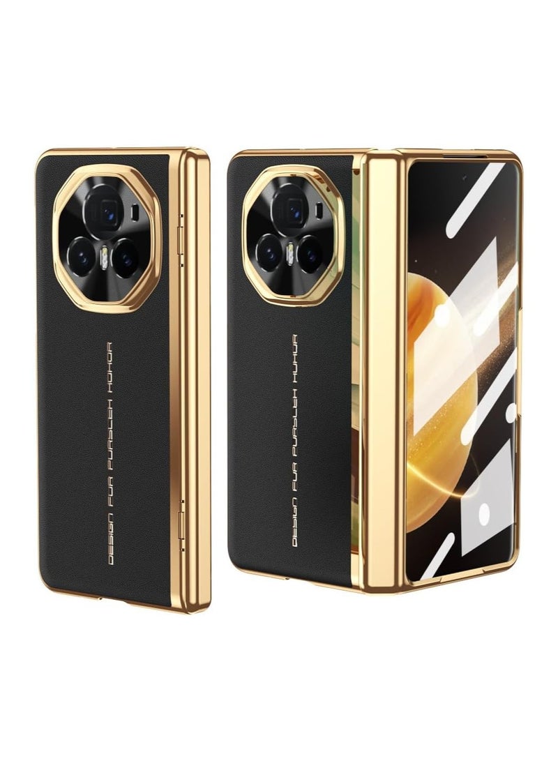 Case Compatible with Honor Magic V3 Case Built-in Screen Protector Plating Frame Plain Leather Case Lens Protection Shockproof Protective Cover - Image 1