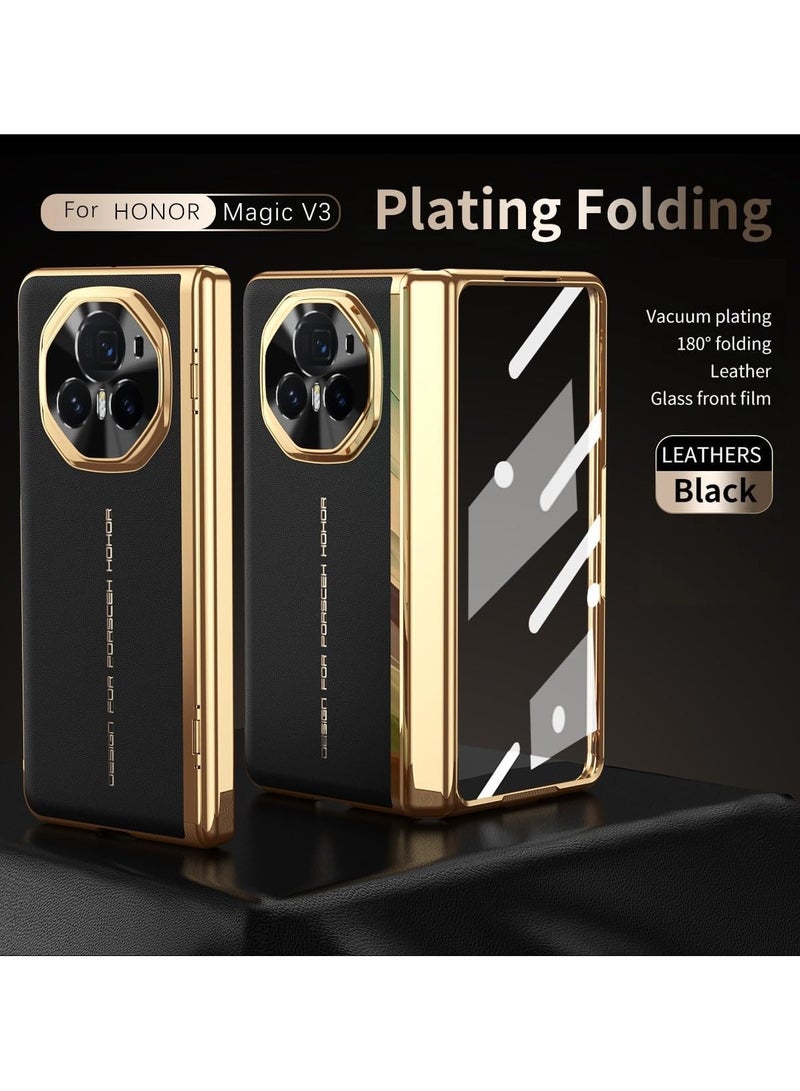 Case Compatible with Honor Magic V3 Case Built-in Screen Protector Plating Frame Plain Leather Case Lens Protection Shockproof Protective Cover - Image 2