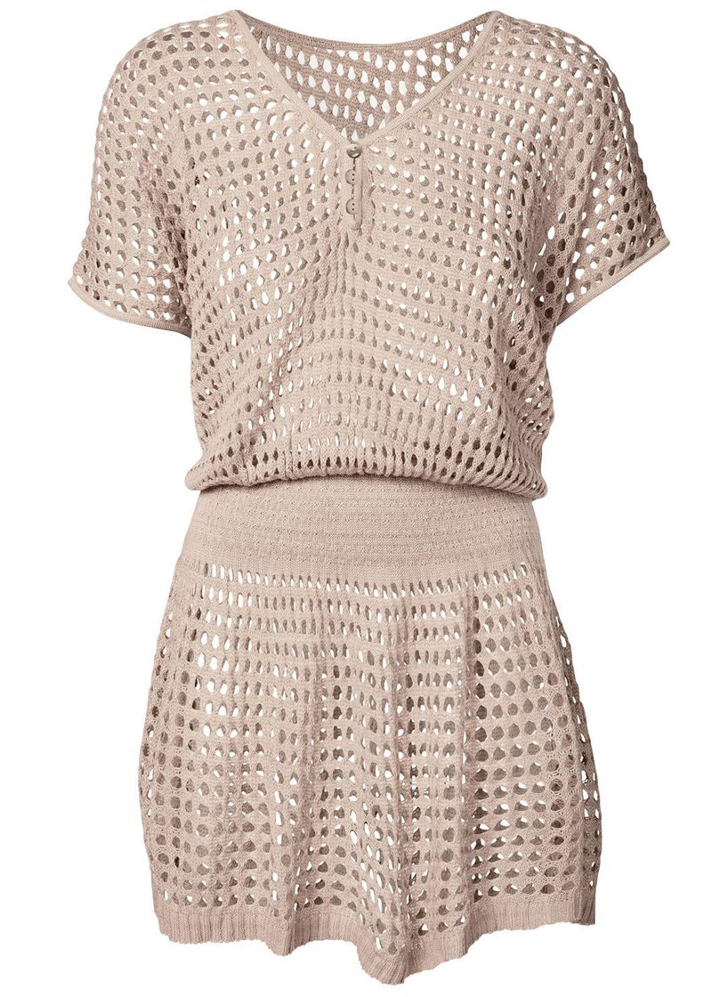 Wander Agio Beach Tops Sexy Knit Cover Dresses Bikini Cover-ups Nets Short Skirt Dark Beige - Image 3