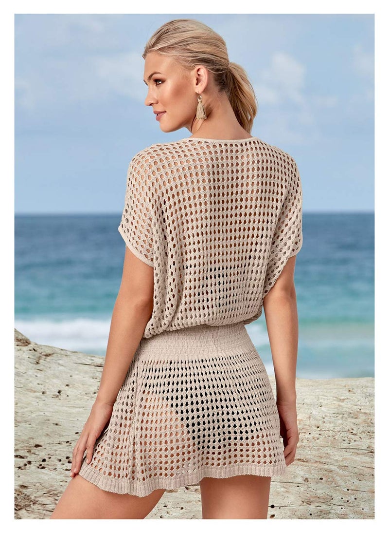 Wander Agio Beach Tops Sexy Knit Cover Dresses Bikini Cover-ups Nets Short Skirt Dark Beige - Image 2