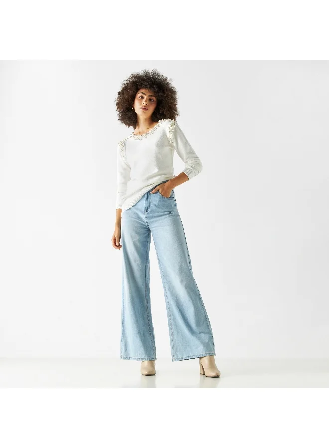 Iconic Iconic Pearls Embellished Sweater with Round Neck and Long Sleeves