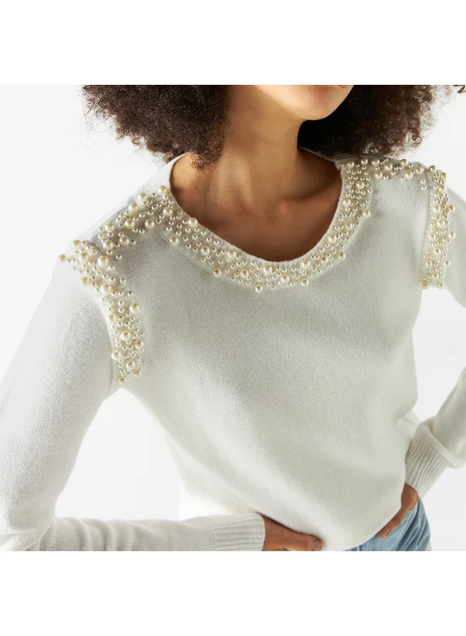 Iconic Iconic Pearls Embellished Sweater with Round Neck and Long Sleeves