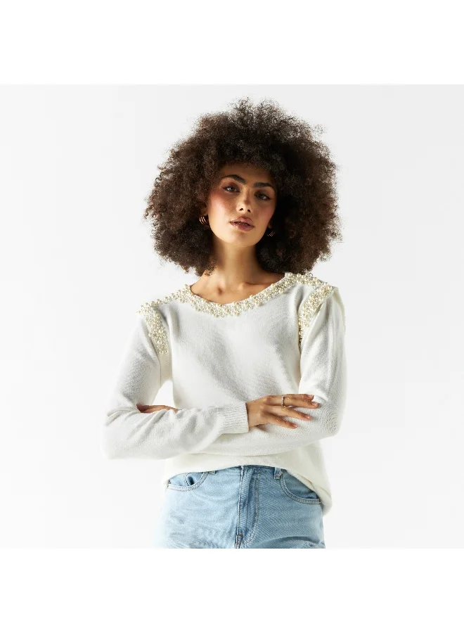 Iconic Iconic Pearls Embellished Sweater with Round Neck and Long Sleeves