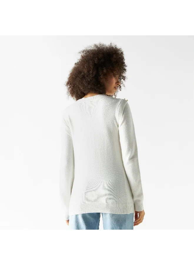 Iconic Iconic Pearls Embellished Sweater with Round Neck and Long Sleeves