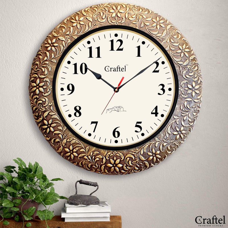 CRAFTEL Brass Embossed Analog Wall Clock Handicraft Round Clock for Living Room Home and Office (18 x 18 inch, Multicolour) - Image 2