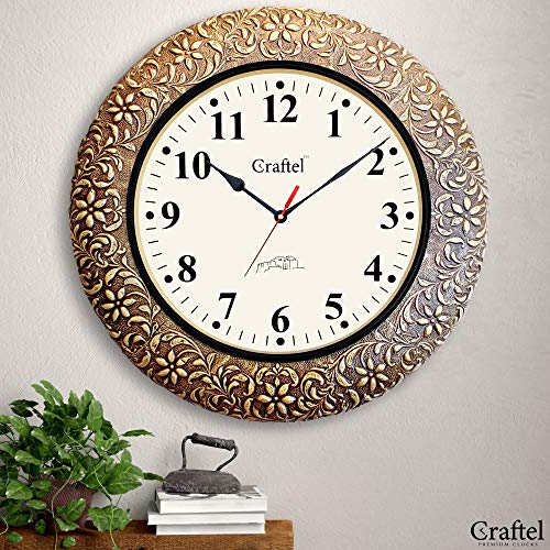 CRAFTEL Brass Embossed Analog Wall Clock Handicraft Round Clock for Living Room Home and Office (18 x 18 inch, Multicolour) - Image 1