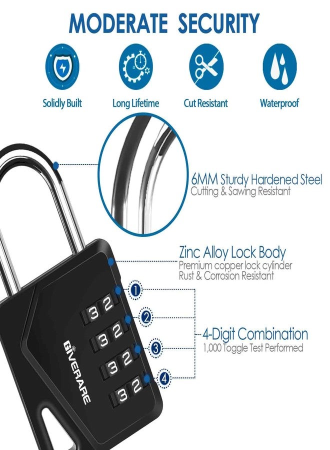 GIVERARE 2 Pack 4-Digit Combination Lock, Heavy Duty Metal Padlock, Outdoor Alloy Locks with Hardened Steel Shackle, High Security Weatherproof Large Padlocks for Gym, School, Locker, Fence, Gate, Hasp-Black - Image 3
