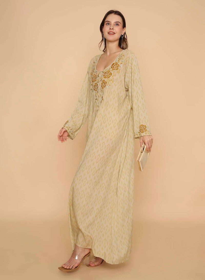 HANA & SARA Long printed arabic kaftan jalabiya dress with unique beaded work - Image 4