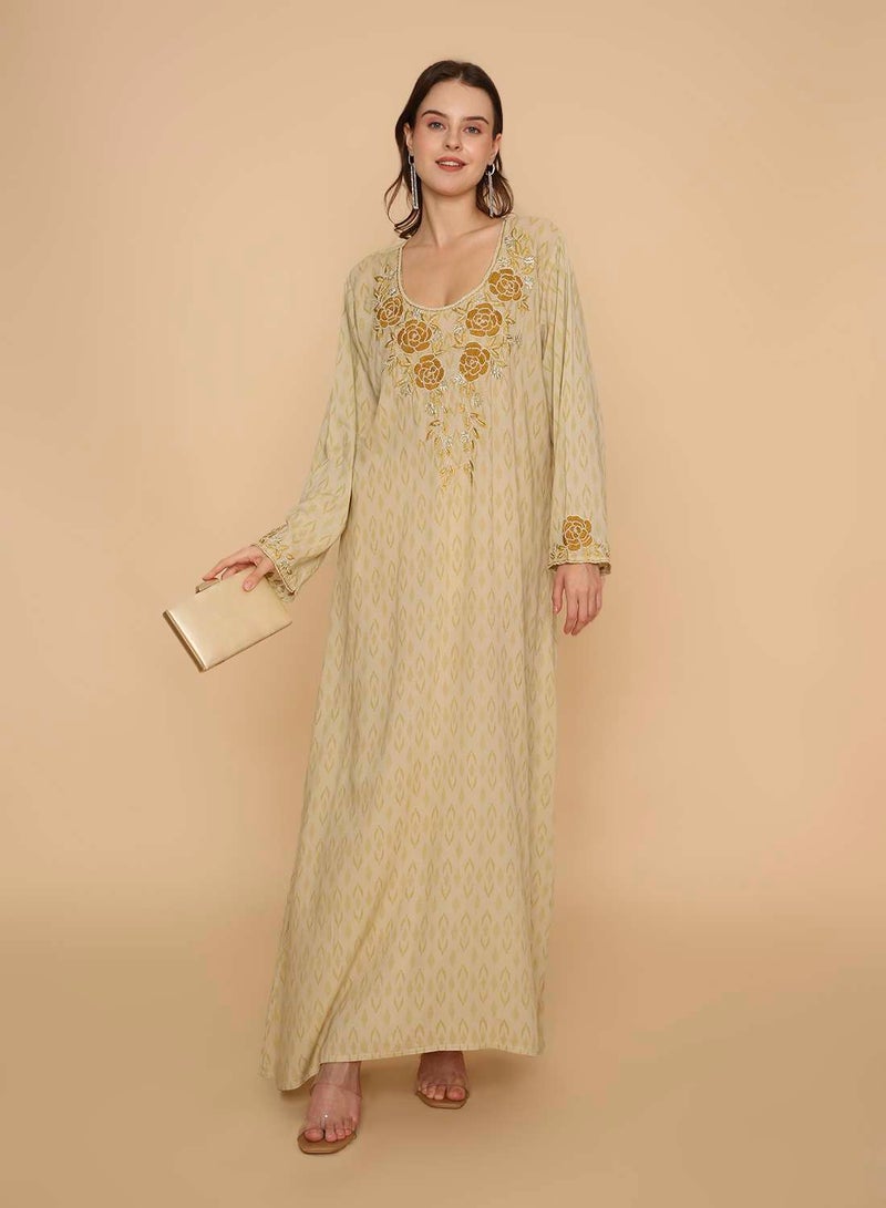 HANA & SARA Long printed arabic kaftan jalabiya dress with unique beaded work - Image 1