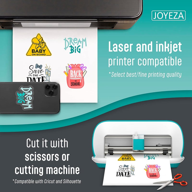 JOYEZA Premium Printable Vinyl Clear Sticker Paper for Inkjet Printer - 25 Sheets Translucent Waterproof, Dries Quickly Vivid Colors, Holds Ink Well - Inkjet & Laser Printer - Image 3