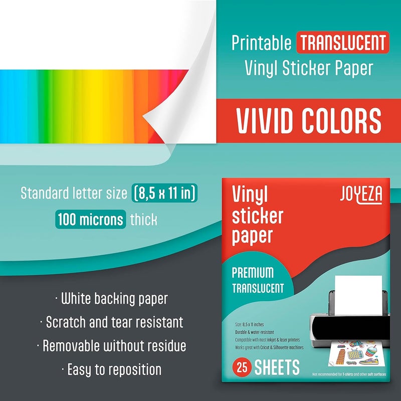 JOYEZA Premium Printable Vinyl Clear Sticker Paper for Inkjet Printer - 25 Sheets Translucent Waterproof, Dries Quickly Vivid Colors, Holds Ink Well - Inkjet & Laser Printer - Image 2