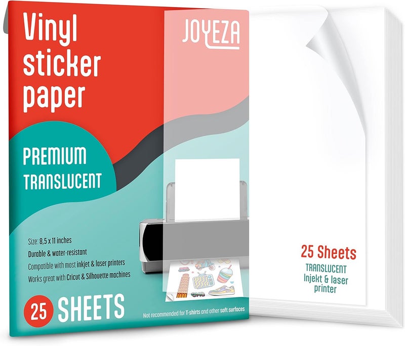 JOYEZA Premium Printable Vinyl Clear Sticker Paper for Inkjet Printer - 25 Sheets Translucent Waterproof, Dries Quickly Vivid Colors, Holds Ink Well - Inkjet & Laser Printer - Image 1