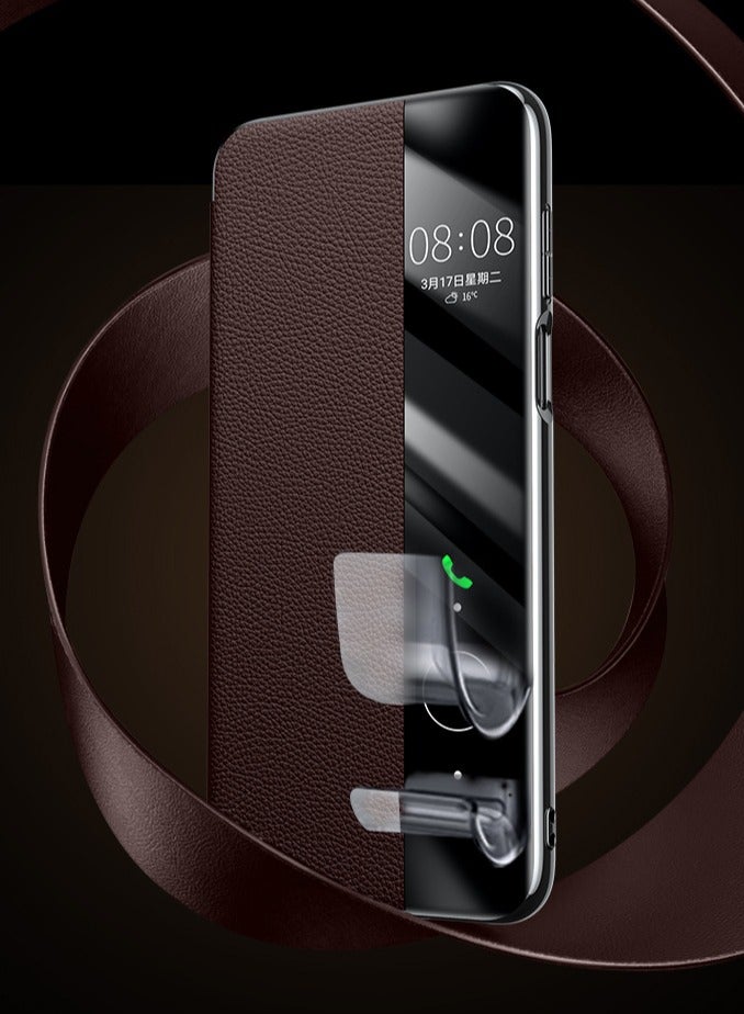 عام غطاء مغناطيسي متوافق مع هواوي بورا 80 برو - جلد طبيعي فاخر بنافذة عرض، غطاء ذكي مقاوم للصدمات مع خاصية النوم التلقائي - Image 5