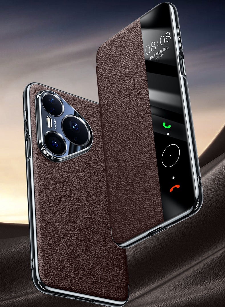 عام غطاء مغناطيسي متوافق مع هواوي بورا 80 برو - جلد طبيعي فاخر بنافذة عرض، غطاء ذكي مقاوم للصدمات مع خاصية النوم التلقائي - Image 2