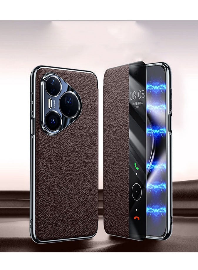 عام غطاء مغناطيسي متوافق مع هواوي بورا 80 برو - جلد طبيعي فاخر بنافذة عرض، غطاء ذكي مقاوم للصدمات مع خاصية النوم التلقائي - Image 1