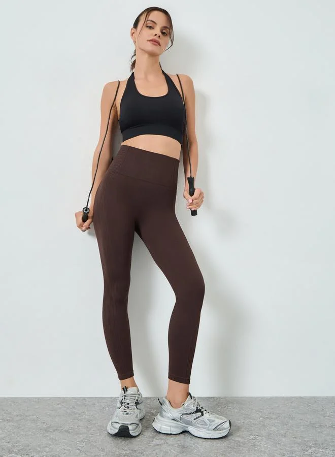 Styli Active Brown Textured Rib Detail Broad Waistband Leggings
