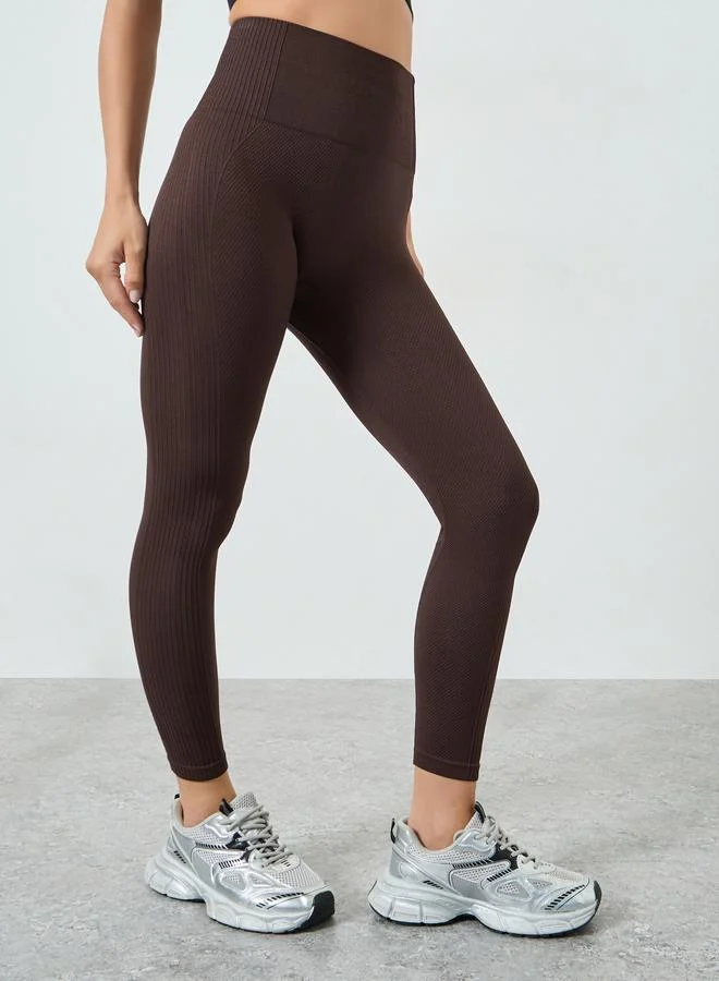Styli Active Brown Textured Rib Detail Broad Waistband Leggings