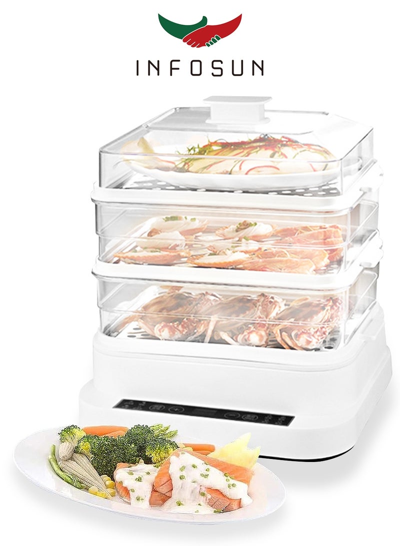 انفوسن جهاز طهي بالبخار الكهربائي، سعة كبيرة 17 لتر، تصميم قابل للفصل بثلاث طبقات، مؤقت بحد أقصى 60 دقيقة،وظيفة الحفاظ على الدفء لمدة 5 ساعات تحضير سريع وسهل للوجبات، فعال وصغير الحجم، لطهي الخضراوات والمأكولات البحرية والحساء واليخنات والمعكرونة، 800W أبيض - Image 1