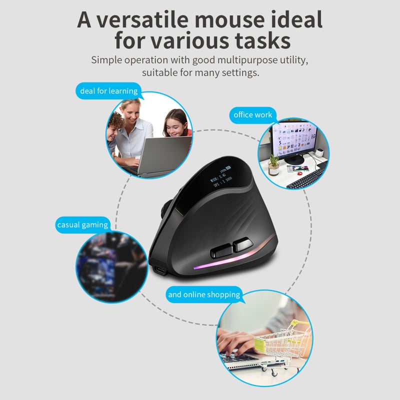 ZELOTES 2.4G Wireless Mice Vertical Ergonomic Optical Indicator 3-Modes Connectivity Rechargeable BT Computer Mice with OLED Display - Image 2