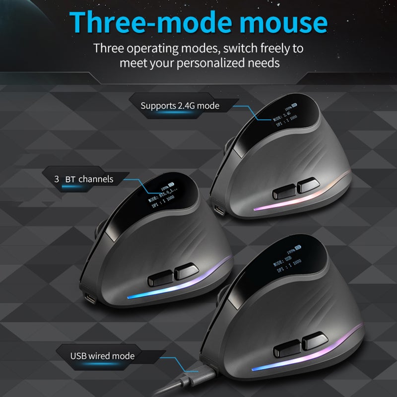 ZELOTES 2.4G Wireless Mice Vertical Ergonomic Optical Indicator 3-Modes Connectivity Rechargeable BT Computer Mice with OLED Display - Image 3
