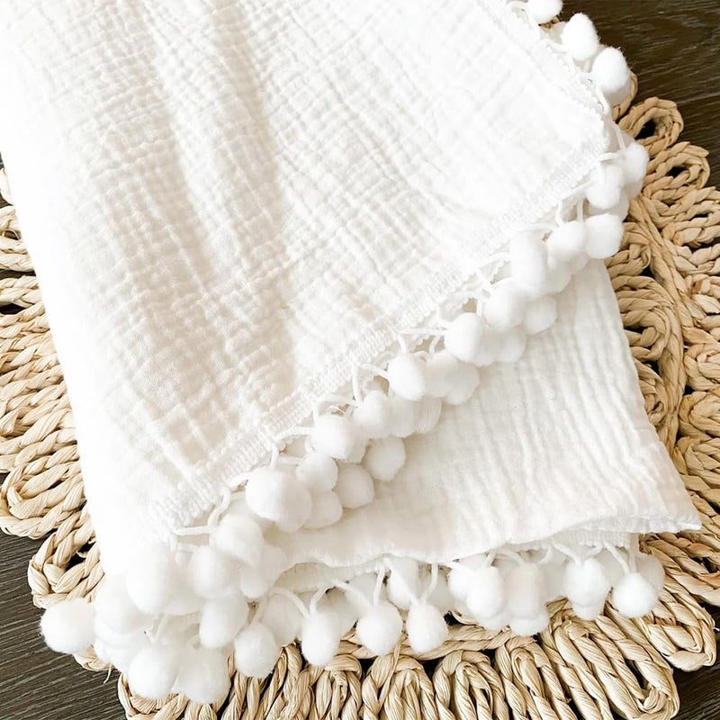 Birdwing | White Swaddle Muslin Blanket with Pom Pom All Around,Newborn Baby Wrap, Cute Pom Pom Blanket for Infants. | Size : 100 X 120 CM (40x47 Inch) Pack of 1 - Image 1