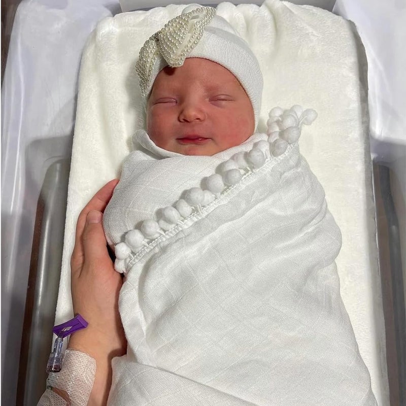 Birdwing | White Swaddle Muslin Blanket with Pom Pom All Around,Newborn Baby Wrap, Cute Pom Pom Blanket for Infants. | Size : 100 X 120 CM (40x47 Inch) Pack of 1 - Image 3