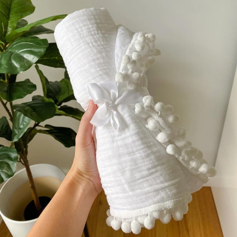 Birdwing | White Swaddle Muslin Blanket with Pom Pom All Around,Newborn Baby Wrap, Cute Pom Pom Blanket for Infants. | Size : 100 X 120 CM (40x47 Inch) Pack of 1 - Image 2