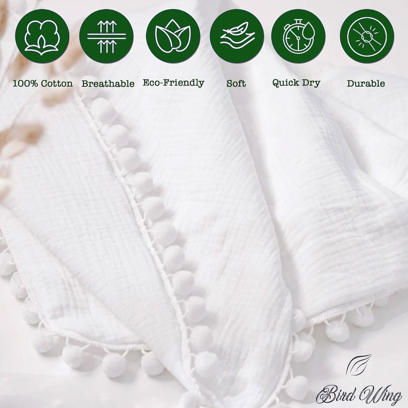 Birdwing | White Swaddle Muslin Blanket with Pom Pom All Around,Newborn Baby Wrap, Cute Pom Pom Blanket for Infants. | Size : 100 X 120 CM (40x47 Inch) Pack of 1 - Image 5