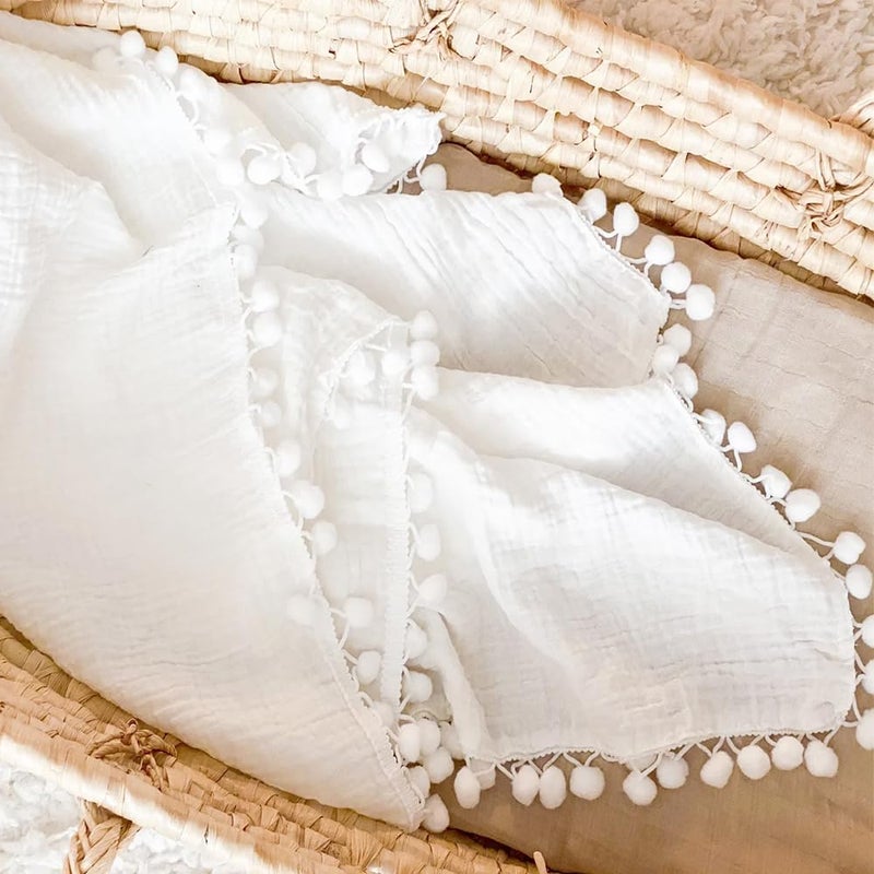 Birdwing | White Swaddle Muslin Blanket with Pom Pom All Around,Newborn Baby Wrap, Cute Pom Pom Blanket for Infants. | Size : 100 X 120 CM (40x47 Inch) Pack of 1 - Image 4
