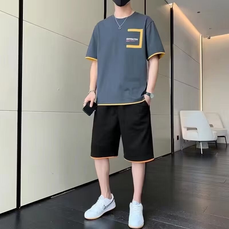 American Sportswear Suit Men'S Summer Short-Sleeved T-Shirt Basketball Clothes Casual Shorts Two-Piece Korean Fashionable 2024 - Image 2