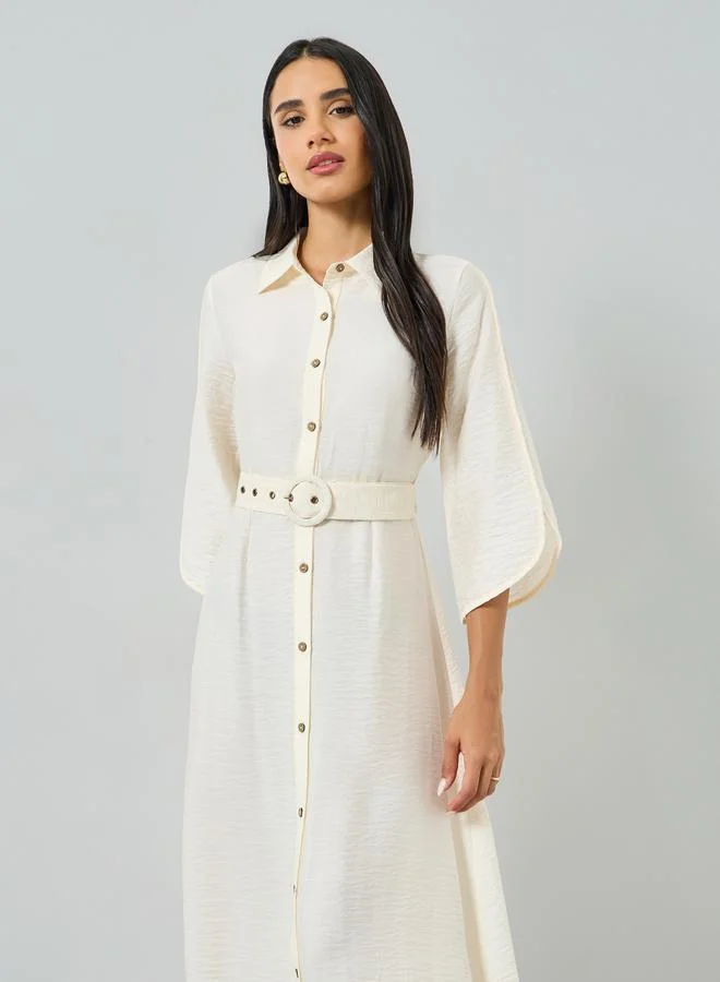 Styli  Off-White Solid Shirt Maxi Dress with Belt for Women | Best Price UAE