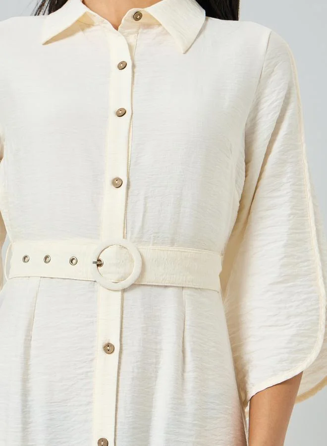 Styli  Off-White Solid Shirt Maxi Dress with Belt for Women | Best Price UAE