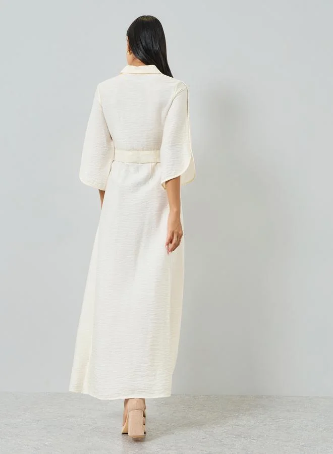 Styli  Off-White Solid Shirt Maxi Dress with Belt for Women | Best Price UAE