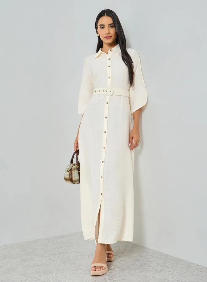 Off-White Solid Shirt Maxi Dress with Belt