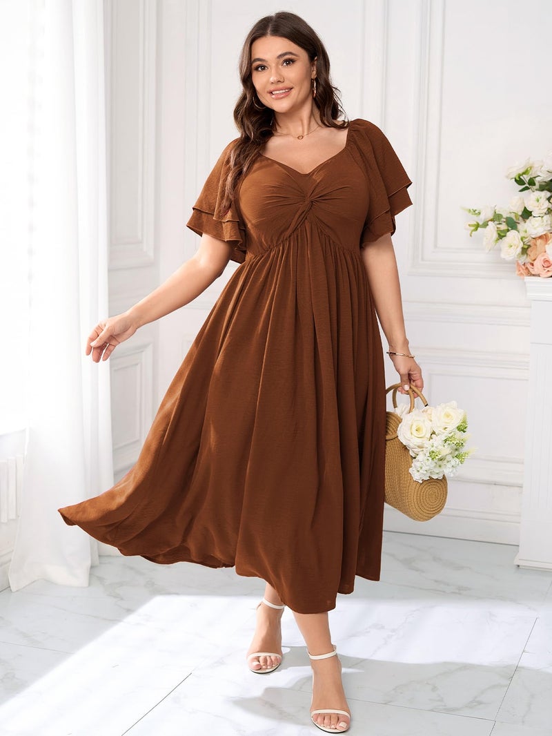 SCOMCHIC Women's Plus Size Wedding Guest Cocktail Dresses Sweetheart Neckline Ruffle Sleeve A Line Maxi Dress Rust - Image 2