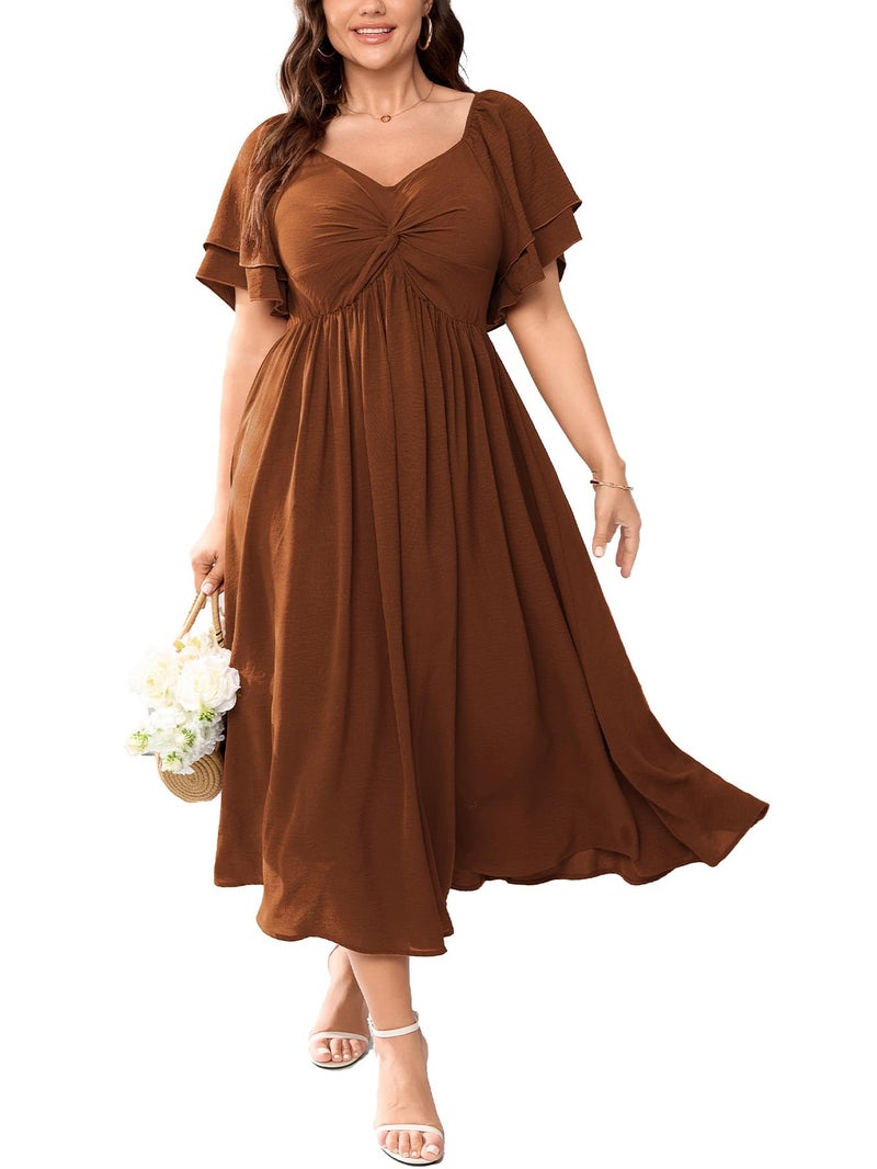 SCOMCHIC Women's Plus Size Wedding Guest Cocktail Dresses Sweetheart Neckline Ruffle Sleeve A Line Maxi Dress Rust - Image 1