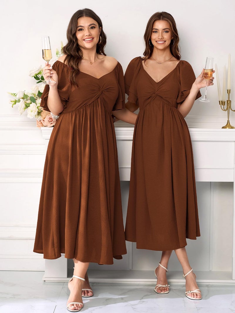 SCOMCHIC Women's Plus Size Wedding Guest Cocktail Dresses Sweetheart Neckline Ruffle Sleeve A Line Maxi Dress Rust - Image 3